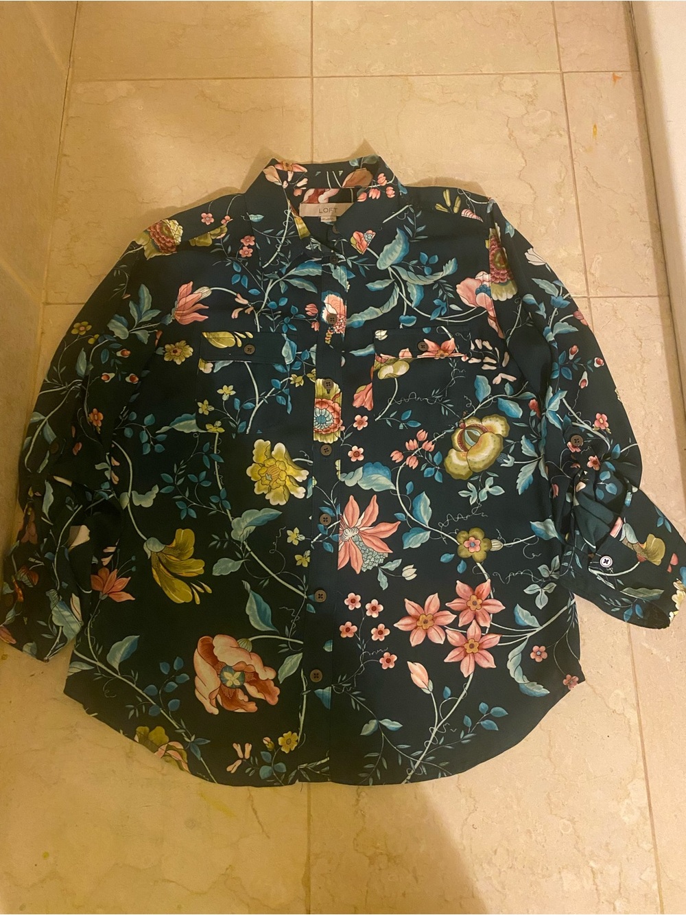 Ann Taylor LOFT Dark Green Floral Blouse with Pink and Teal Blooms